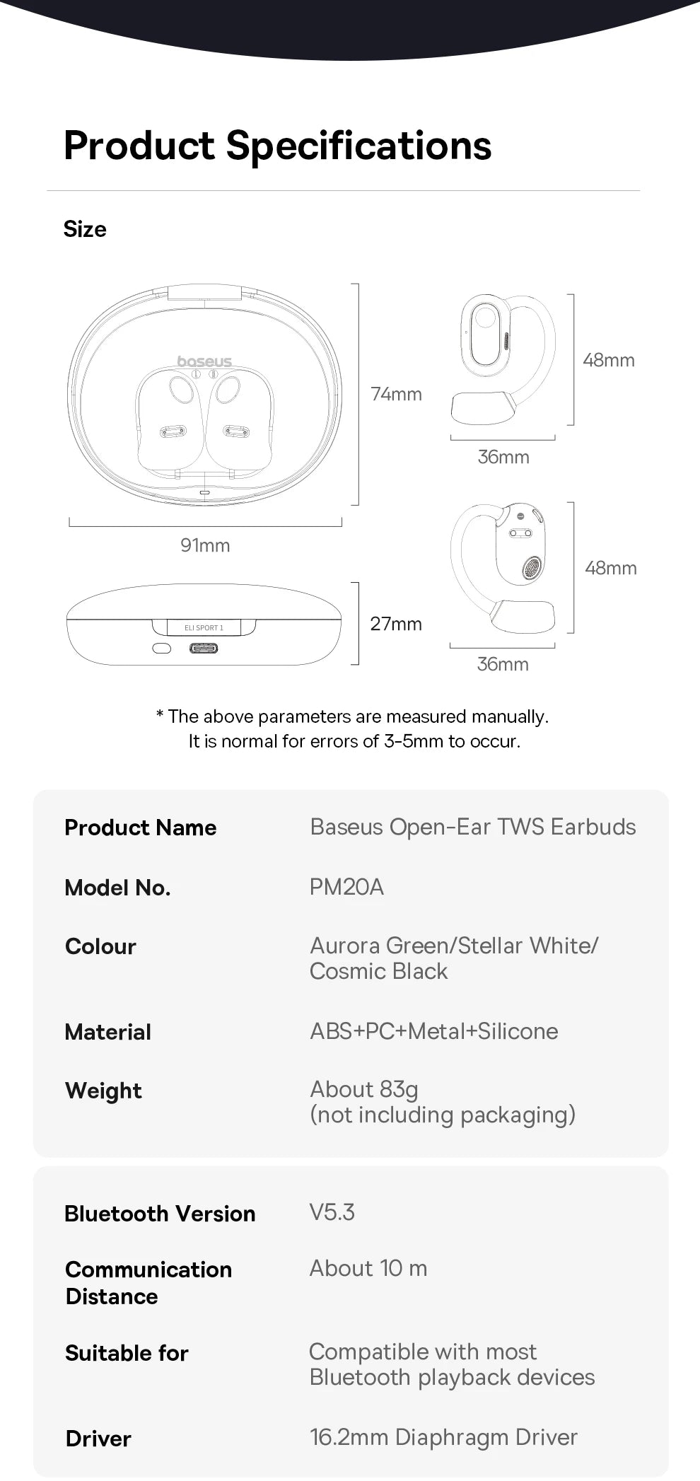 Baseus Eli Sport 1, Fones de ouvido abertos OWS Bluetooth 5.3 Fones de ouvido sem fio Fones de ouvido de condução de ar Som Fones de ouvido esportivos